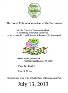 The Lonal Robinson Award will be given to two nominees from the Friends of Emancipation Park.