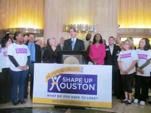 SunPhoto/Myra Griffin Mayor Annise Parker joins Lan Bentsen, founder and chairman of Shape Up Houston-Million Pound Health Challenge and city employees such as Griselda Garza (far right) in the plight to reduce obesity in the city of Houston in 2014 with the million pound challenge.