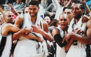 San Antonio Spurs Center Tim Duncan, Point Guard Tony Park, Small Forward and MVP Player Kawhi Leonard and Point Guard Patty Mills relish in victory as they claim  the NBA 2014 Championship Title over the Miami Heat 104-87 