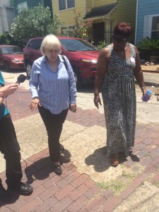 Catherine Roberts and Sally Wickers as they give the media a tour of the brick streets.