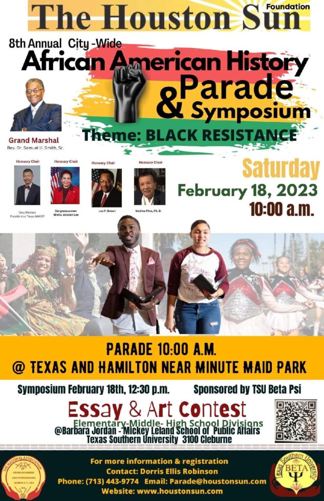 The Houston Sun invites you to enter the African American History Parade, watch as a spectator and attend the symposium on February 18, 2023.